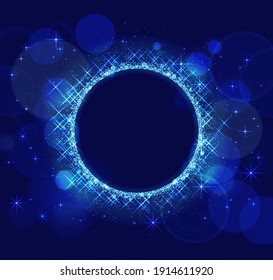 Glowing Circle Frame With Sparkles. Flying Blue Dust Isolated On Dark Background. Vector Data.