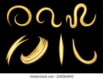 Glowing circle lines. Fire light circles and ring trails, vector sparkling gold glitter glow flare effect. Abstract light speed motion effect.