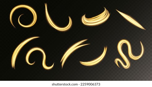 Glowing circle lines. Fire light circles and ring trails, vector sparkling gold glitter glow flare effect. Abstract light speed motion effect.