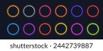 Glowing circle neon button. light frame designs blue, pink, yellow, abstract mandala bright colored for web design, app, game and interface