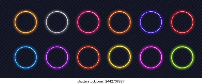 Glowing circle neon button. light frame designs blue, pink, yellow, abstract mandala bright colored for web design, app, game and interface