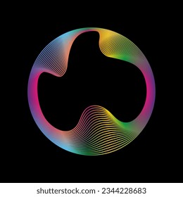 Glühender Kreis von Neonfarben in runder Form mit gewellten dynamischen Linien einzeln auf schwarzem Hintergrund. Lichtrahmen mit kreisförmigem Rahmen. Konzept der Zukunftstechnologie.