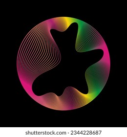 Glowing circle of neon colors of round curved shape with wavy dynamic lines isolated on black background. Circular frame light frame. Concept of future technology.