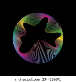 Glowing circle of neon colors of round curved shape with wavy dynamic lines isolated on black background. Circular frame light frame. Concept of future technology.