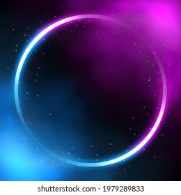 Glowing circle neon lighting frame, Futuristic background with smoke. Vector Illustration