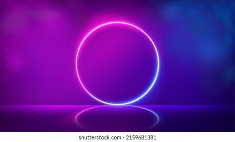 Glowing circle neon lighting frame, Futuristic background with smoke. Vector Illustration