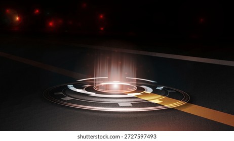 Círculo brillante en un camino oscuro. El podio futurista redondo en una carretera oscura