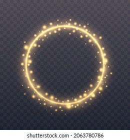 Glowing circle on transparent background. Gold ring with shining glitter. Round frame with particles. Modern element with glittering. Vector illustration.