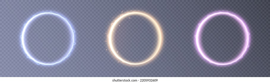 Glowing circle on a transparent background. Luminous ring with illumination. Round frame with glitter. Luxury element for advertising.