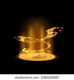 Glowing circle with swirl light game effect. Futuristic portal with light beam and vortex. Magic flame teleport gate. Vector illustration isolated on dark background.