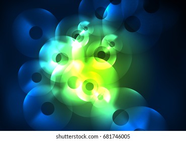 Glowing circles in the dark, futuristic vector abstract background design template
