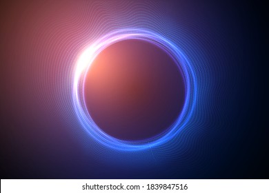 Glowing circles from dots with depth of field effect. Black hole, sphere, circle. Music, science, technology particles background.