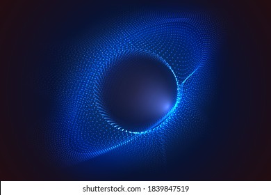 Glowing circles from dots with depth of field effect. Black hole, sphere, circle. Music, science, technology particles background.