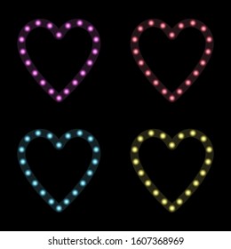 Glowing circles inside the heart on a dark background. Set of hearts of different colors. Vector illustration