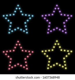 Glowing circles inside a star on a dark background. Set of stars of different colors. Vector illustration