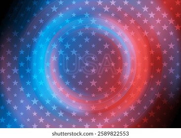 Glowing circles and stars USA flag abstract American colors background. Independence Day modern vector design