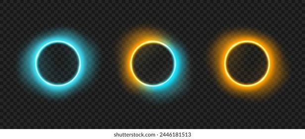 Glowing circles with transparent light effect. Vector electric light. PNG glow effect. Light portal, magic glow.