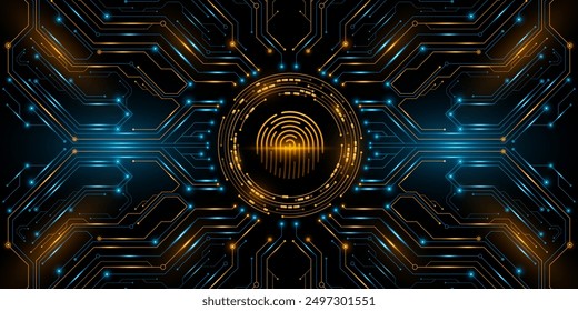 Glowing circuit board with scanning user fingerprint. AI digital touch panel. Connected blue lines with hi-tech electronics elements. Computer motherboard. Vector illustration