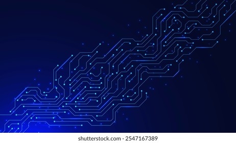 Glowing circuit board technology with glitter effect. Digital data processing, wireless data transmission and computer technology concept background. Vector illustration
