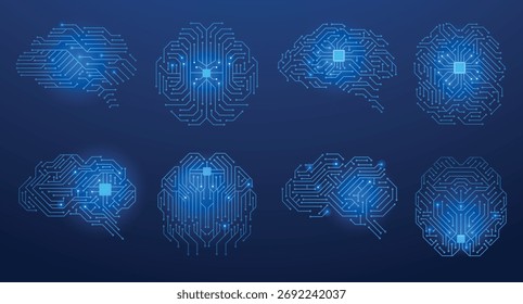 Glowing circuit brain. Abstract human head with microchip and circuit board texture, concept of technical expertise and brain work. Vector illustration.