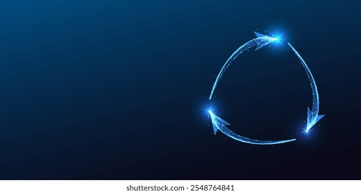 Glowing circular arrows form recycling symbol on dark blue background, representing sustainability, eco-friendly practices, and renewable energy concept. Low polygonal abstract vector illustration