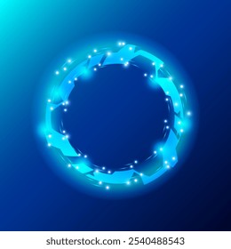 Un diseño futurista circular brillante sobre un fondo azul. El círculo presenta Formas angulares interconectadas con Pequeños puntos brillantes, que exudan una estética tecnológica y de ciencia ficción. Ilustración vectorial