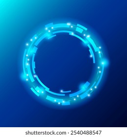 Un diseño futurista circular brillante sobre un fondo azul. El círculo presenta Formas angulares interconectadas con Pequeños puntos brillantes, que exudan una estética tecnológica y de ciencia ficción. Ilustración vectorial