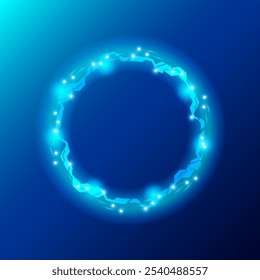 Un diseño futurista circular brillante sobre un fondo azul. El círculo presenta Formas angulares interconectadas con Pequeños puntos brillantes, que exudan una estética tecnológica y de ciencia ficción. Ilustración vectorial