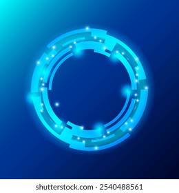 Um design futurista circular brilhante sobre um fundo azul. O círculo apresenta formas angulares interconectadas com pequenos pontos brilhantes, exalando uma estética tectônica e ficção científica. Ilustração vetorial