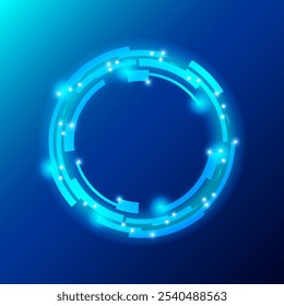 Un diseño futurista circular brillante sobre un fondo azul. El círculo presenta Formas angulares interconectadas con Pequeños puntos brillantes, que exudan una estética tecnológica y de ciencia ficción. Ilustración vectorial