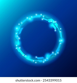 Un diseño futurista circular brillante sobre un fondo azul. El círculo presenta Formas angulares interconectadas con Pequeños puntos brillantes, que exudan una estética tecnológica y de ciencia ficción. Ilustración vectorial