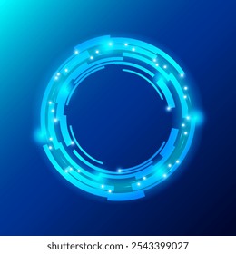 Um design futurista circular brilhante sobre um fundo azul. O círculo apresenta formas angulares interconectadas com pequenos pontos brilhantes, exalando uma estética tectônica e ficção científica. Ilustração vetorial