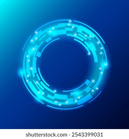 Um design futurista circular brilhante sobre um fundo azul. O círculo apresenta formas angulares interconectadas com pequenos pontos brilhantes, exalando uma estética tectônica e ficção científica. Ilustração vetorial