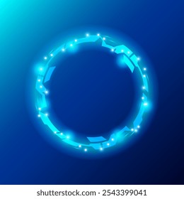 Un diseño futurista circular brillante sobre un fondo azul. El círculo presenta Formas angulares interconectadas con Pequeños puntos brillantes, que exudan una estética tecnológica y de ciencia ficción. Ilustración vectorial