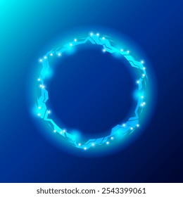 Un diseño futurista circular brillante sobre un fondo azul. El círculo presenta Formas angulares interconectadas con Pequeños puntos brillantes, que exudan una estética tecnológica y de ciencia ficción. Ilustración vectorial