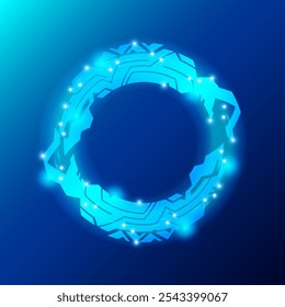 Un diseño futurista circular brillante sobre un fondo azul. El círculo presenta Formas angulares interconectadas con Pequeños puntos brillantes, que exudan una estética tecnológica y de ciencia ficción. Ilustración vectorial