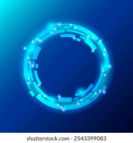 Un diseño futurista circular brillante sobre un fondo azul. El círculo presenta Formas angulares interconectadas con Pequeños puntos brillantes, que exudan una estética tecnológica y de ciencia ficción. Ilustración vectorial