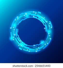 Um design futurista circular brilhante sobre um fundo azul. O círculo apresenta formas angulares interconectadas com pequenos pontos brilhantes, exalando uma estética tectônica e ficção científica. Ilustração vetorial