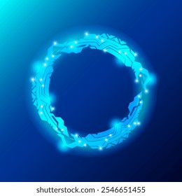 Un diseño futurista circular brillante sobre un fondo azul. El círculo presenta Formas angulares interconectadas con Pequeños puntos brillantes, que exudan una estética tecnológica y de ciencia ficción. Ilustración vectorial