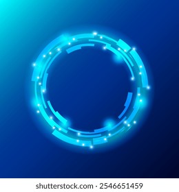 Un diseño futurista circular brillante sobre un fondo azul. El círculo presenta Formas angulares interconectadas con Pequeños puntos brillantes, que exudan una estética tecnológica y de ciencia ficción. Ilustración vectorial