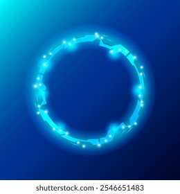 Un diseño futurista circular brillante sobre un fondo azul. El círculo presenta Formas angulares interconectadas con Pequeños puntos brillantes, que exudan una estética tecnológica y de ciencia ficción. Ilustración vectorial