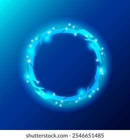 Um design futurista circular brilhante sobre um fundo azul. O círculo apresenta formas angulares interconectadas com pequenos pontos brilhantes, exalando uma estética tectônica e ficção científica. Ilustração vetorial