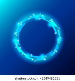 Um design futurista circular brilhante sobre um fundo azul. O círculo apresenta formas angulares interconectadas com pequenos pontos brilhantes, exalando uma estética tectônica e ficção científica. Ilustração vetorial