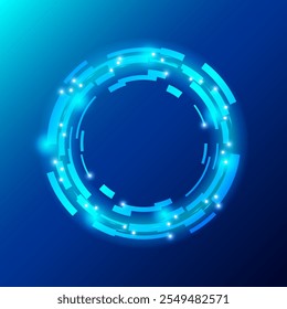 Um design futurista circular brilhante sobre um fundo azul. O círculo apresenta formas angulares interconectadas com pequenos pontos brilhantes, exalando uma estética tectônica e ficção científica. Ilustração vetorial