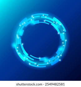 Um design futurista circular brilhante sobre um fundo azul. O círculo apresenta formas angulares interconectadas com pequenos pontos brilhantes, exalando uma estética tectônica e ficção científica. Ilustração vetorial