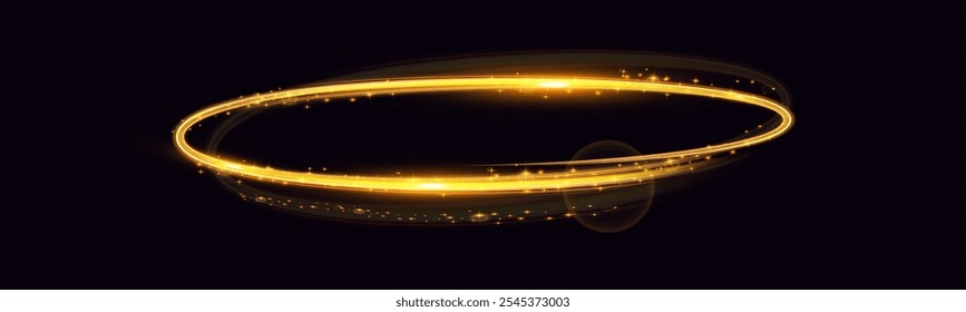 Glowing circular light trail in golden hues with sparkling stars on dark background. Smooth, flowing ring symbolizing motion, magic, and energy. Perfect for themes of celebration, fantasy, or futurist