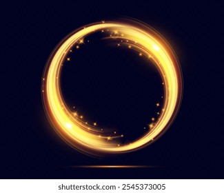 Glowing circular light trail in golden hues with sparkling stars on dark background. Smooth, flowing ring symbolizing motion, magic, and energy. Perfect for themes of celebration, fantasy, or futurist