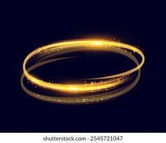 Glowing circular light trail in golden hues with sparkling stars on dark background. Smooth, flowing ring symbolizing motion, magic, and energy. Perfect for themes of celebration.