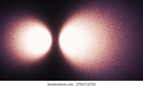 Luzes circulares brilhantes se dissolvem em névoa empoeirada texturizada formando corredores de luz abstratos com efeito de grãos criados a partir de milhares de pontos individuais. Luz luminosa dupla que cria túneis atmosféricos