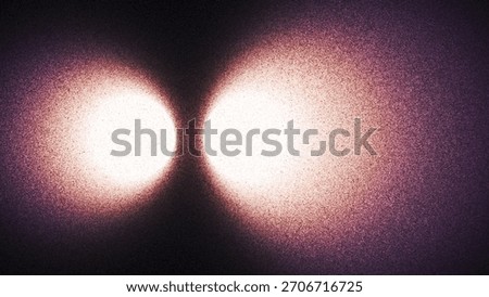 Glowing circular lights dissolve into textured dusty haze forming abstract light corridors with grain effect created from thousands of individual dots. Twin luminous light creating atmospheric tunnels